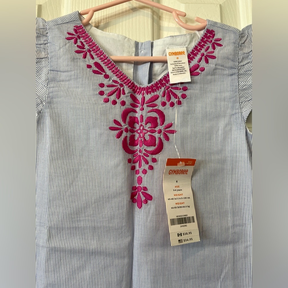 Girls size 6 blue pinstripe dress with pink details from Gymboree, NWT - Picture 2 of 11